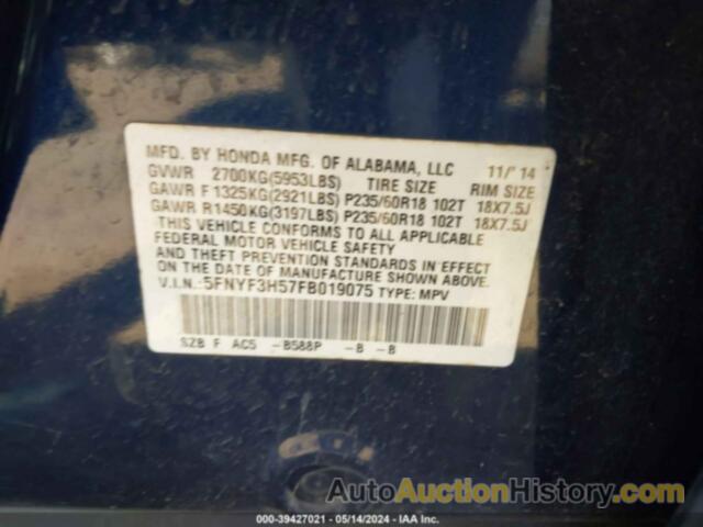 HONDA PILOT EX-L, 5FNYF3H57FB019075