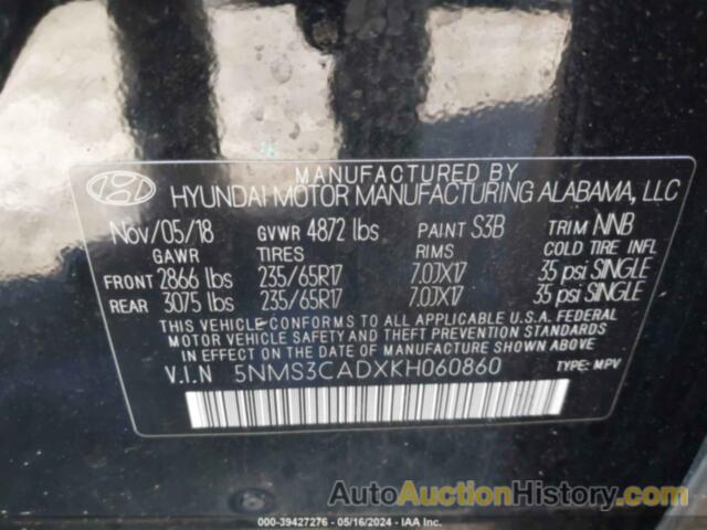 HYUNDAI SANTA FE SEL/SEL PLUS, 5NMS3CADXKH060860