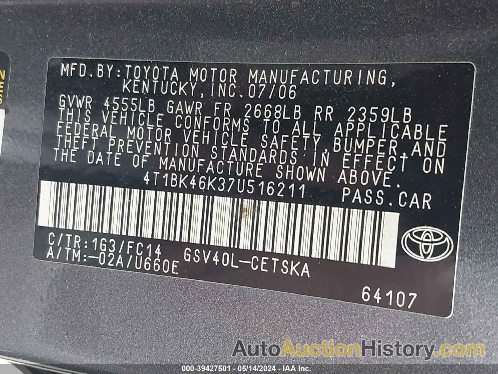 TOYOTA CAMRY SE V6, 4T1BK46K37U516211