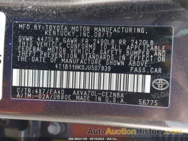 TOYOTA CAMRY L/LE/XLE/SE/XSE, 4T1B11HK0JU507939