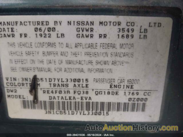 NISSAN SENTRA GXE/XE, 3N1CB51D7YL330015