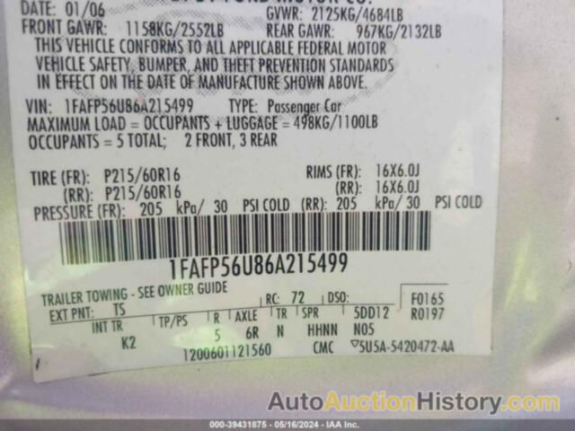 FORD TAURUS SEL, 1FAFP56U86A215499