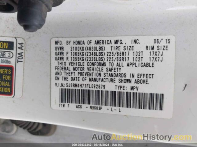 HONDA CR-V EX-L, 5J6RM4H77FL092679