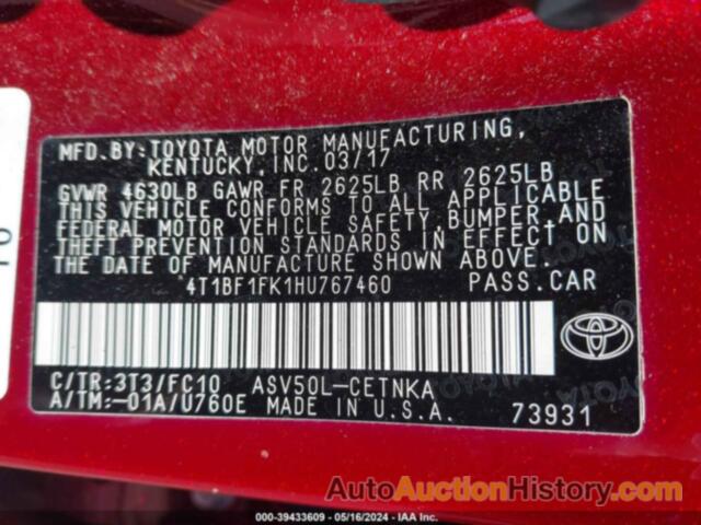 TOYOTA CAMRY LE/XLE/SE/XSE, 4T1BF1FK1HU767460