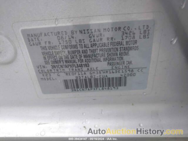 NISSAN VERSA S/S PLUS/SV/SL, 3N1CN7APXFL848193