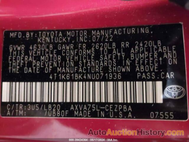 TOYOTA CAMRY XSE AWD, 4T1K61BK4NU071936