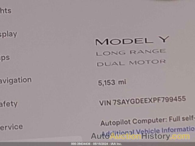 TESLA MODEL Y AWD/LONG RANGE DUAL MOTOR ALL-WHEEL DRIVE, 7SAYGDEEXPF799455