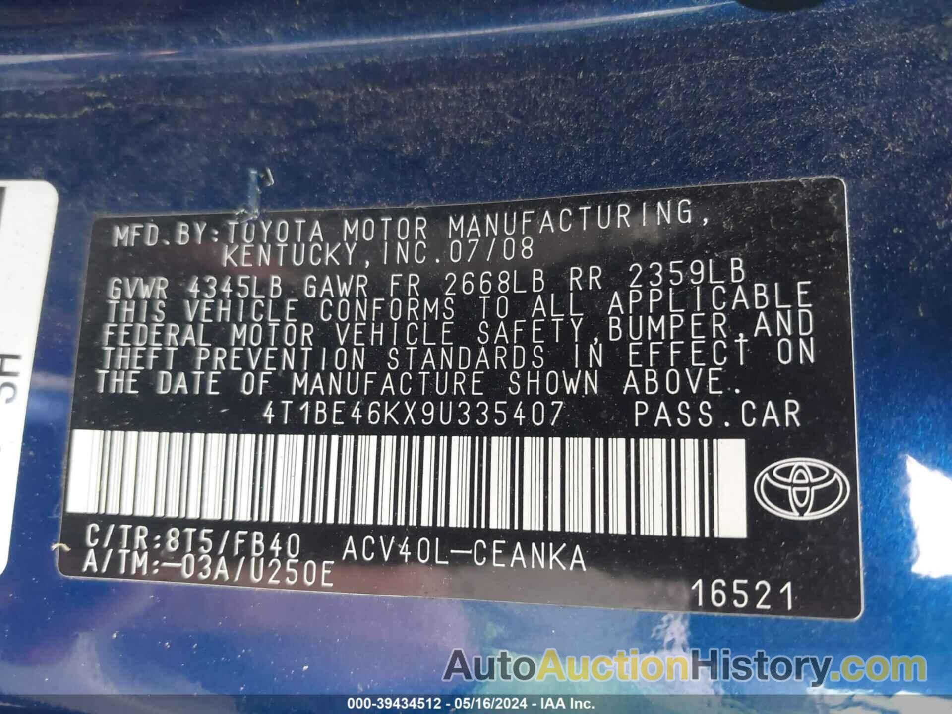 TOYOTA CAMRY, 4T1BE46KX9U335407