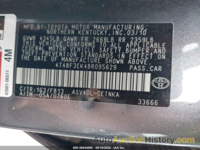 TOYOTA CAMRY SE/LE/XLE, 4T4BF3EK4BR095629