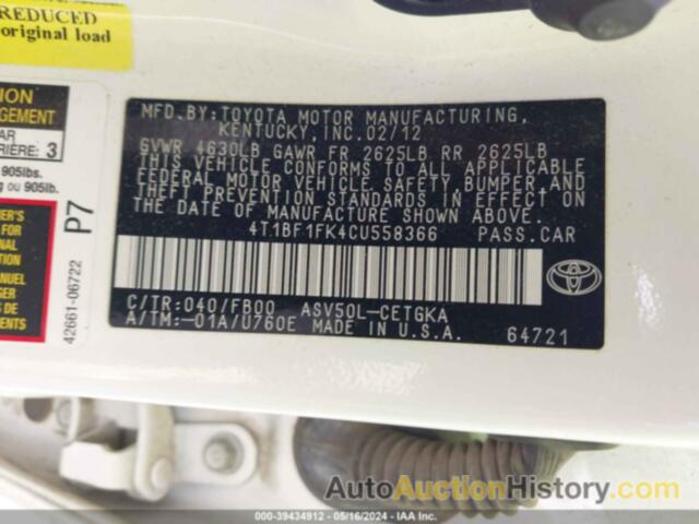 TOYOTA CAMRY XLE, 4T1BF1FK4CU558366