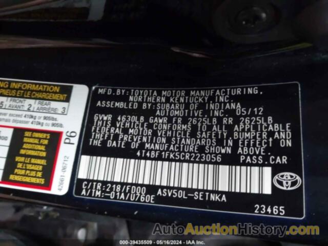 TOYOTA CAMRY SE/LE/XLE, 4T4BF1FK5CR223056