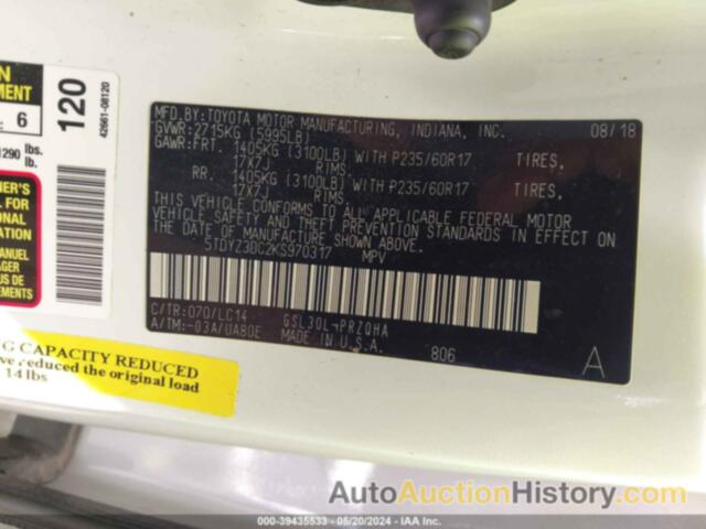 TOYOTA SIENNA XLE/XLE PREMIUM/LIMITED/LIMITED PREMIUM, 5TDYZ3DC2KS970317