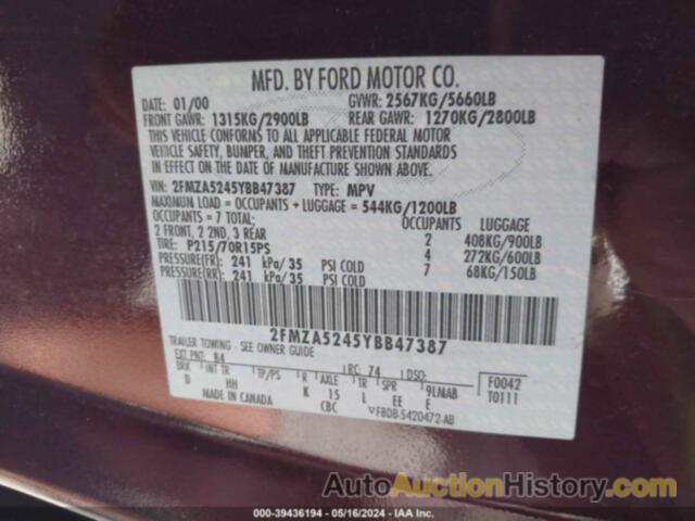 FORD WINDSTAR SE, 2FMZA5245YBB47387