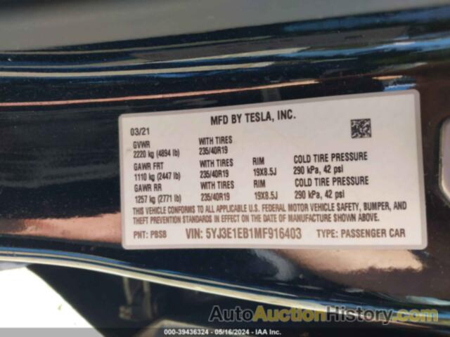 TESLA MODEL 3 LONG RANGE DUAL MOTOR ALL-WHEEL DRIVE, 5YJ3E1EB1MF916403