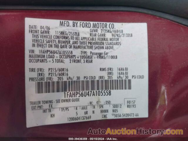 FORD TAURUS SEL, 1FAHP56U47A105558