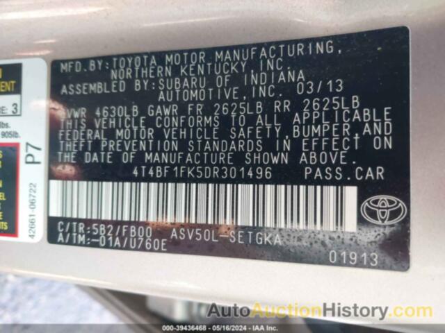 TOYOTA CAMRY L/SE/LE/XLE, 4T4BF1FK5DR301496