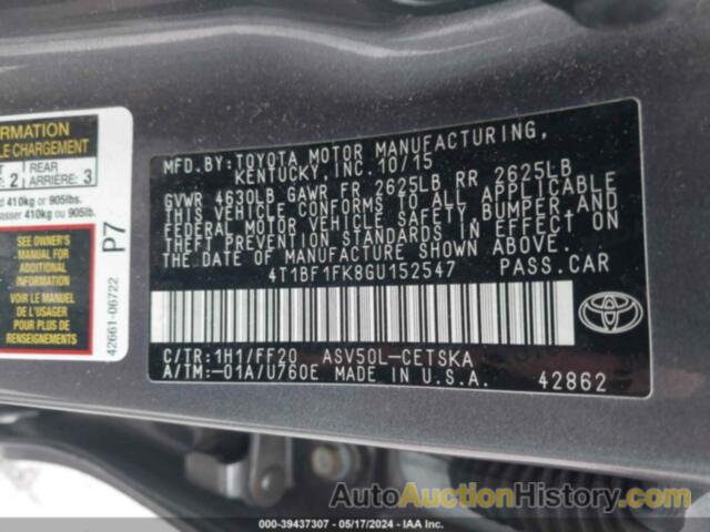 TOYOTA CAMRY LE/XLE/SE/XSE, 4T1BF1FK8GU152547