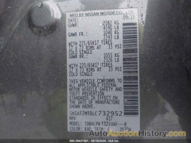 NISSAN ROGUE S FWD, 5N1AT2MT6LC732952