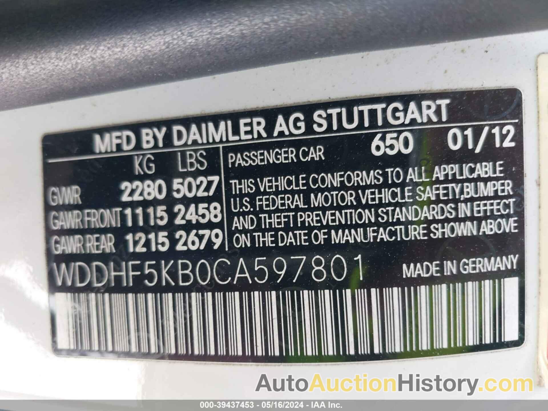 MERCEDES-BENZ E 350, WDDHF5KB0CA597801