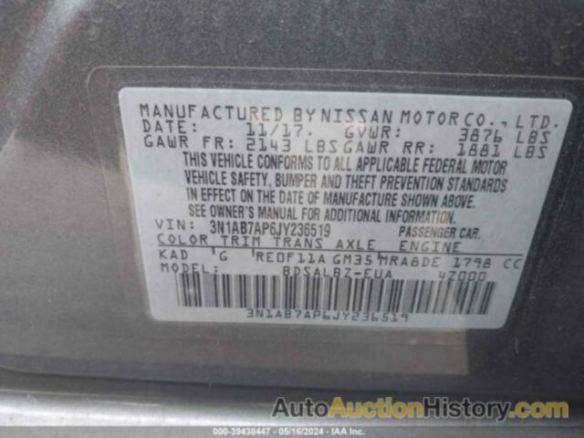 NISSAN SENTRA S, 3N1AB7AP6JY236519