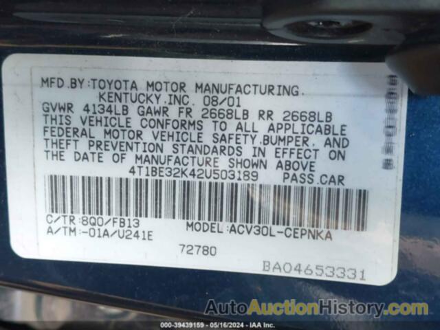 TOYOTA CAMRY LE/XLE/SE, 4T1BE32K42U503189