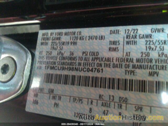 FORD ESCAPE SEL, 1FMCU9H98NUC04761