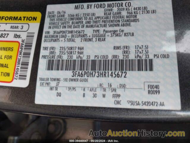 FORD FUSION SE, 3FA6P0H73HR145672