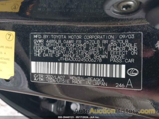 LEXUS ES 330, JTHBA30G245006278