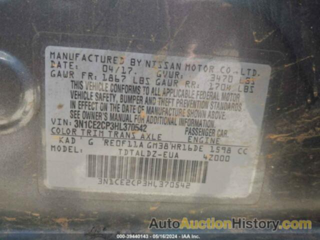 NISSAN VERSA NOTE SV, 3N1CE2CP3HL370542