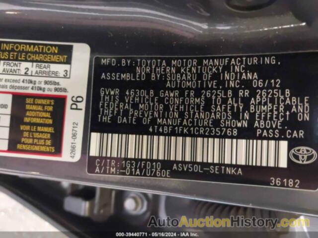 TOYOTA CAMRY LE, 4T4BF1FK1CR235768