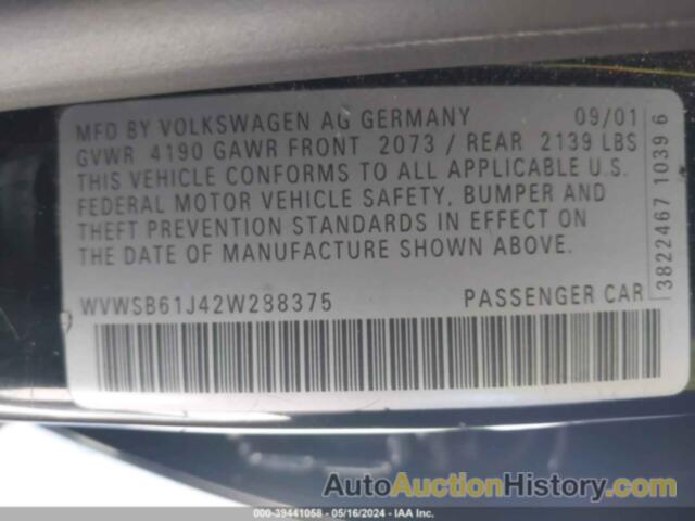 VOLKSWAGEN JETTA GLS 2.0L, WVWSB61J42W288375