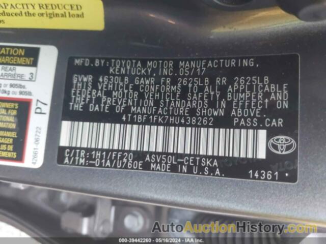 TOYOTA CAMRY LE/SE/XLE/XSE, 4T1BF1FK7HU438262