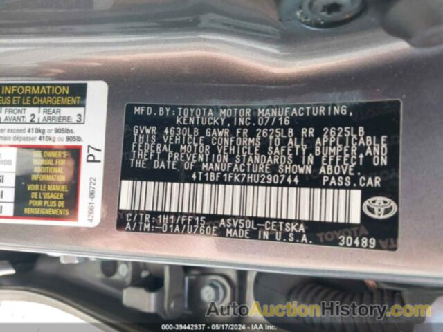 TOYOTA CAMRY LE/XLE/SE/XSE, 4T1BF1FK7HU290744