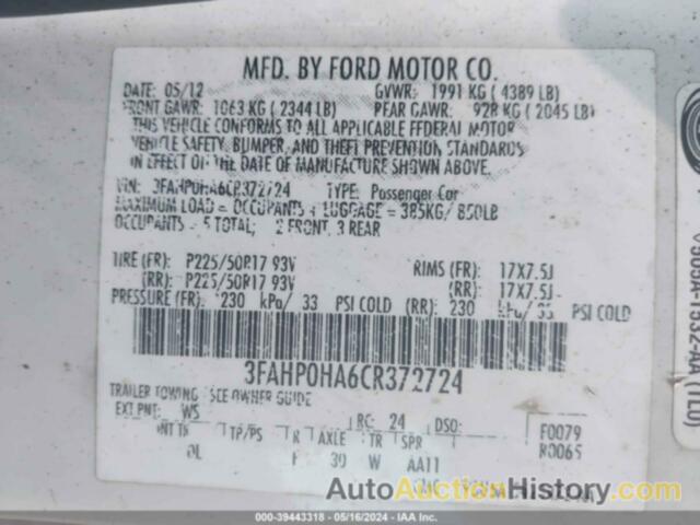 FORD FUSION SE, 3FAHP0HA6CR372724