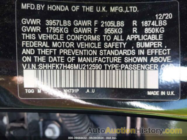 HONDA CIVIC SPORT, SHHFK7H46MU212590