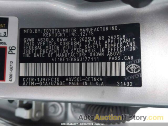 TOYOTA CAMRY LE/XLE/SE/XSE, 4T1BF1FK8GU177111