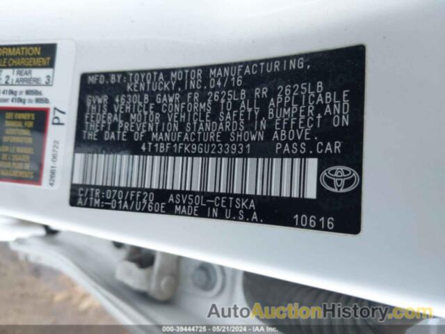 TOYOTA CAMRY LE/XLE/SE/XSE, 4T1BF1FK9GU233931