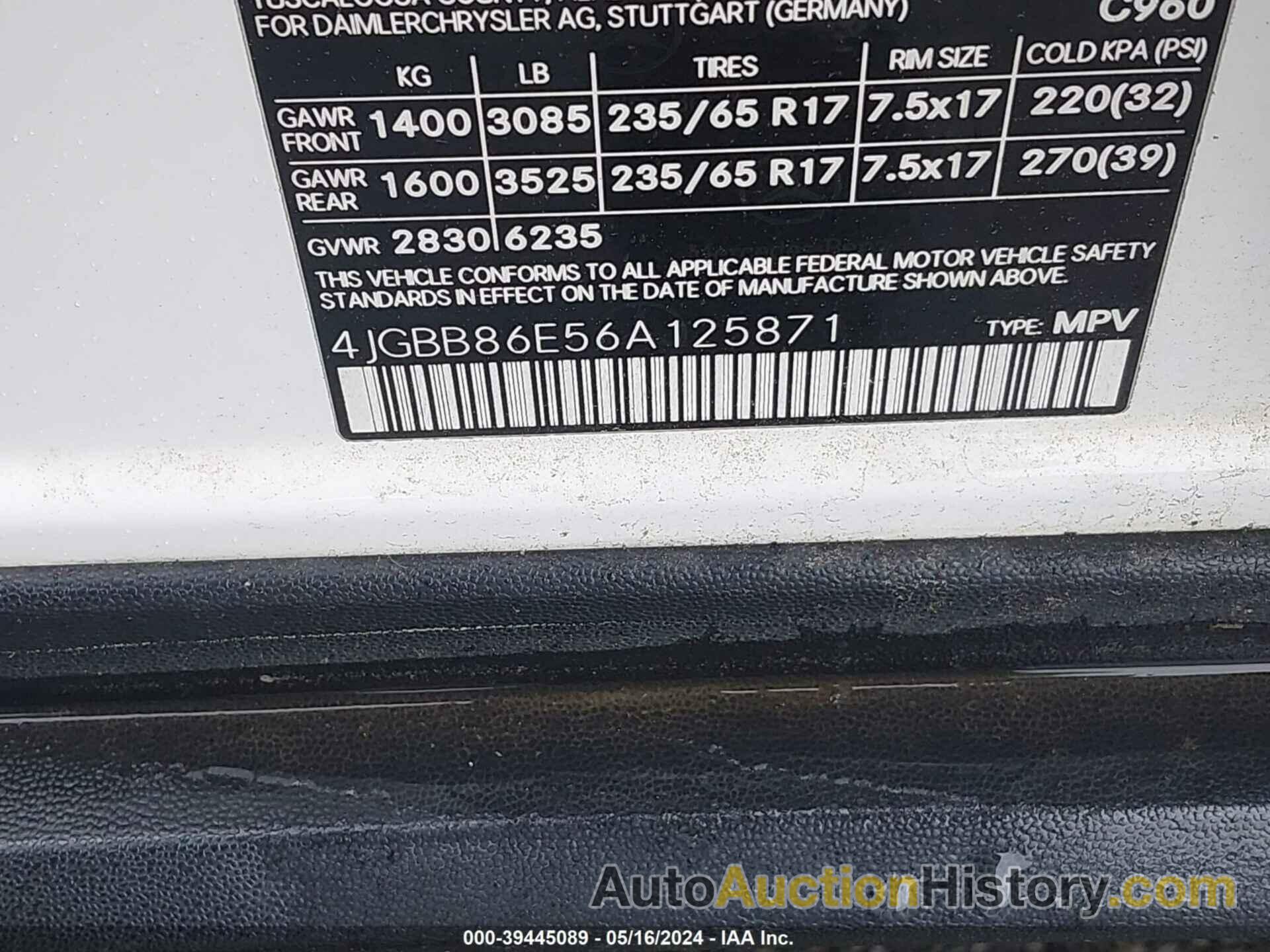 MERCEDES-BENZ ML 350, 4JGBB86E56A125871