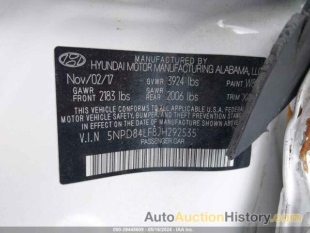 HYUNDAI ELANTRA SEL, 5NPD84LF8JH292535