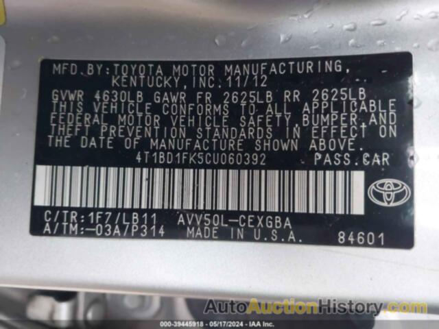 TOYOTA CAMRY HYBRID HYBRID/LE/XLE, 4T1BD1FK5CU060392