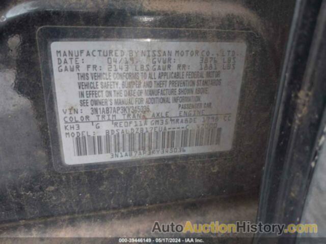 NISSAN SENTRA SV, 3N1AB7AP3KY345036