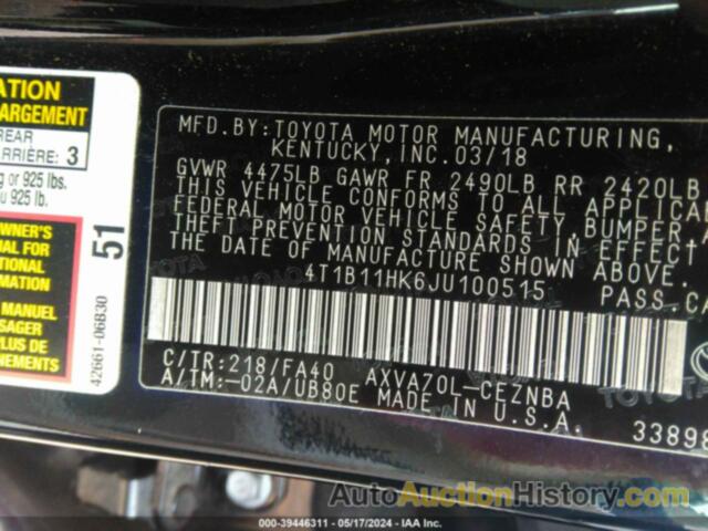 TOYOTA CAMRY LE, 4T1B11HK6JU100515