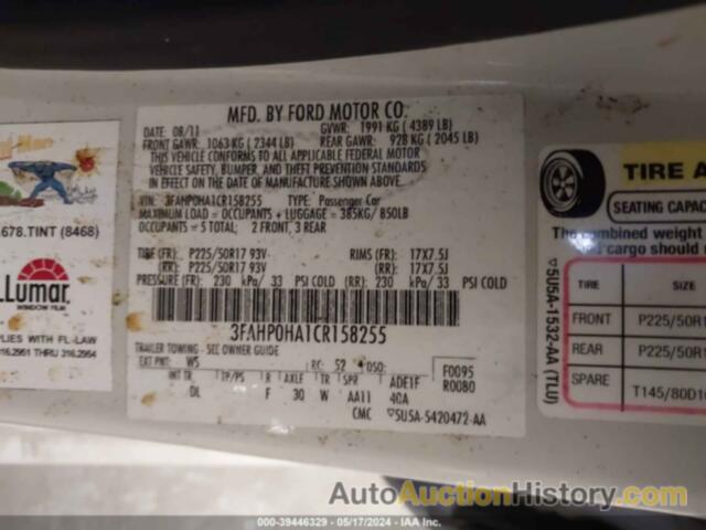 FORD FUSION SE, 3FAHP0HA1CR158255