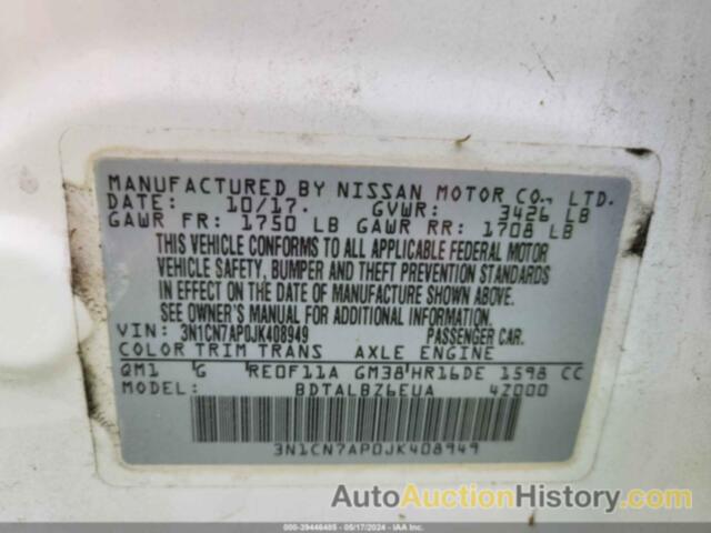 NISSAN VERSA, 3N1CN7AP0JK408949