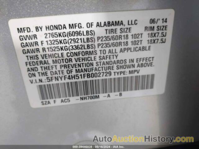 HONDA PILOT EX-L, 5FNYF4H51FB002729