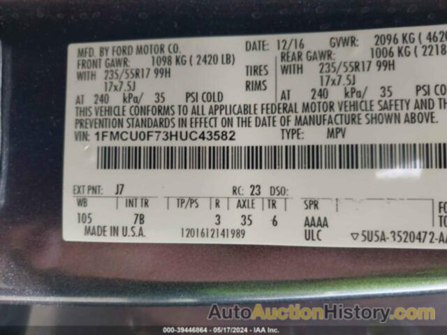 FORD ESCAPE S, 1FMCU0F73HUC43582