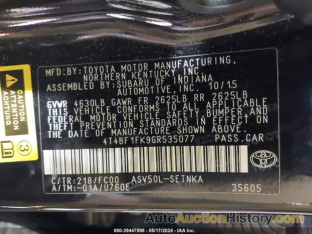 TOYOTA CAMRY LE/XLE/SE/XSE, 4T4BF1FK9GR535077