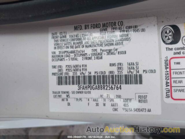 FORD FUSION S, 3FAHP0GA8BR256764