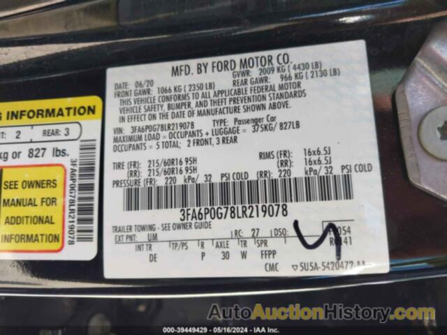 FORD FUSION S, 3FA6P0G78LR219078