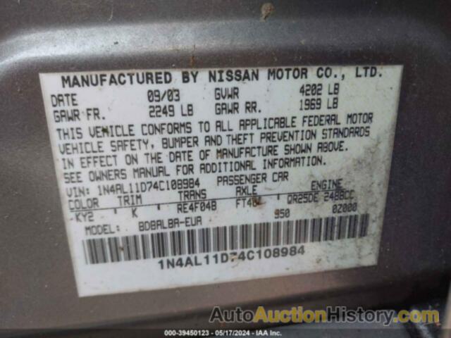 NISSAN ALTIMA S/SL, 1N4AL11D74C108984